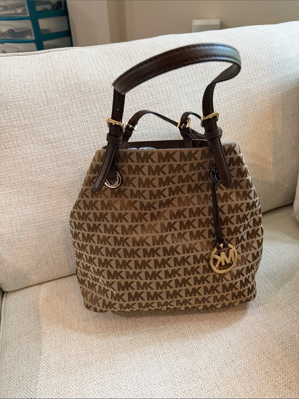 Michael Kors Brown MK Logo Shoulder Bag with Gold Charm